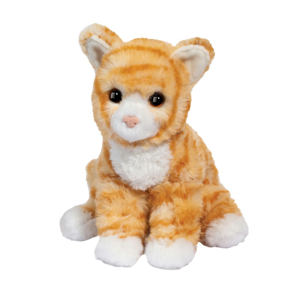 Plush toy cat with orange and white fur on a white background