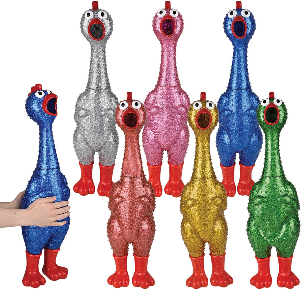 Set of colorful large rubber chicken toys with open mouths on a white background