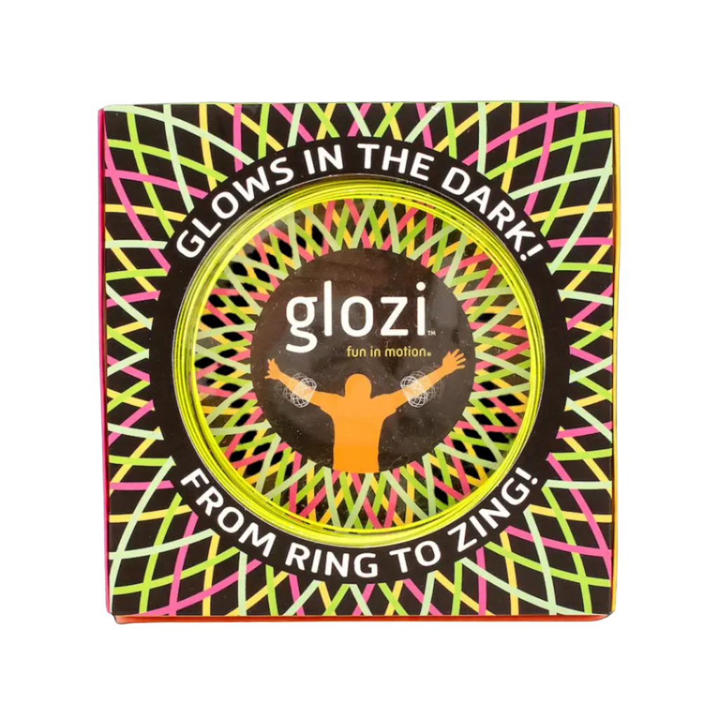 Glozi product packaging with 'glows in the dark' text and colorful design.