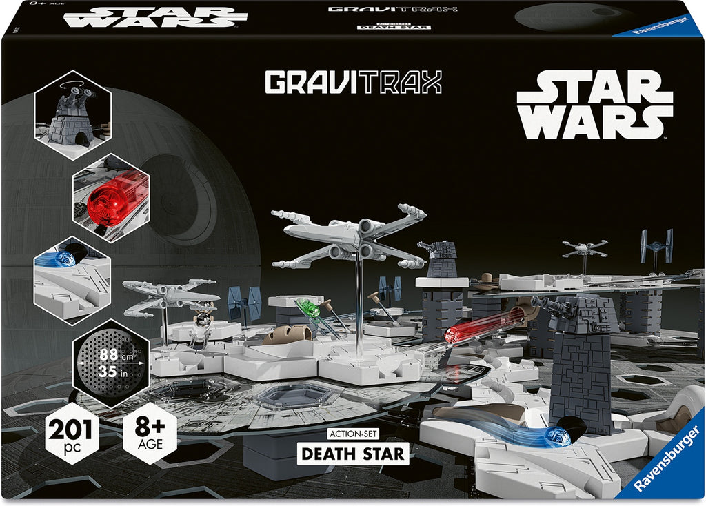 GraviTrax Star Wars Death Star set packaging with toy figures and structures.