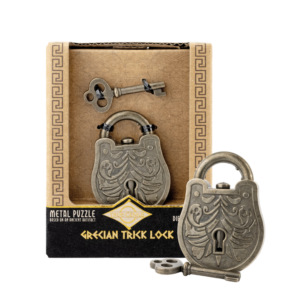 Decorative padlock and key with 'Grecian Trick Lock' packaging on a white background