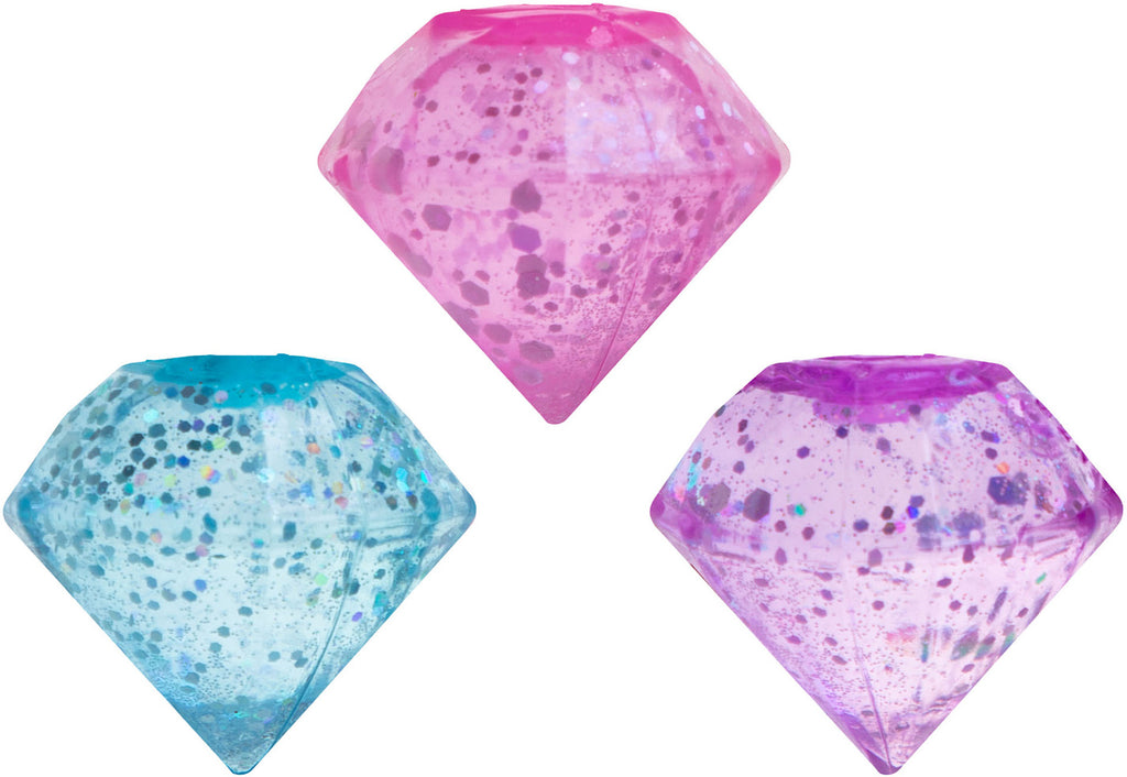 Three diamond-shaped toys in pink, blue, and purple on a white background