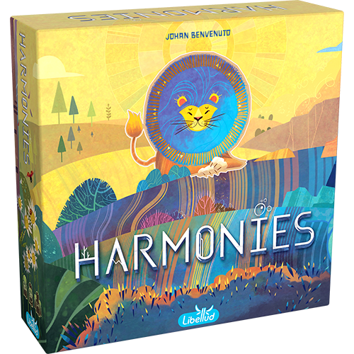 Board game box titled 'Harmonies' with colorful design and lion illustration on a yellow background
