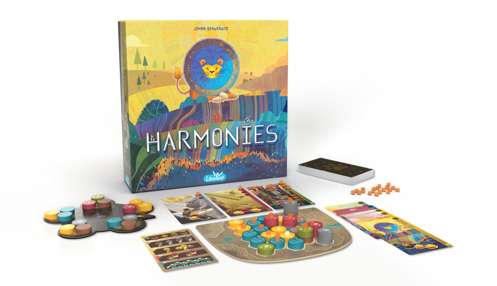 Board game set with 'Harmonies' box on a white background