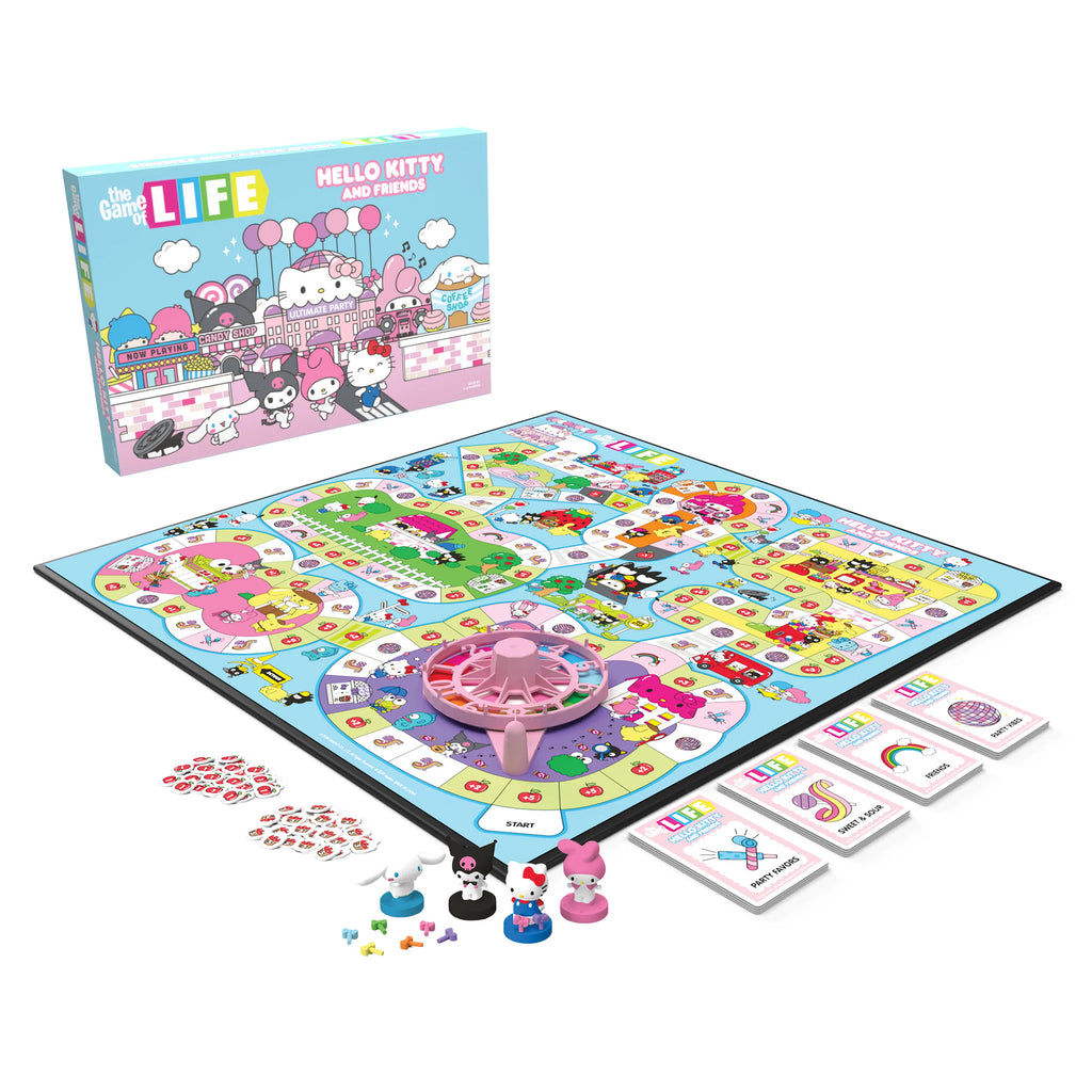 Board game with Hello Kitty themed components on a white background