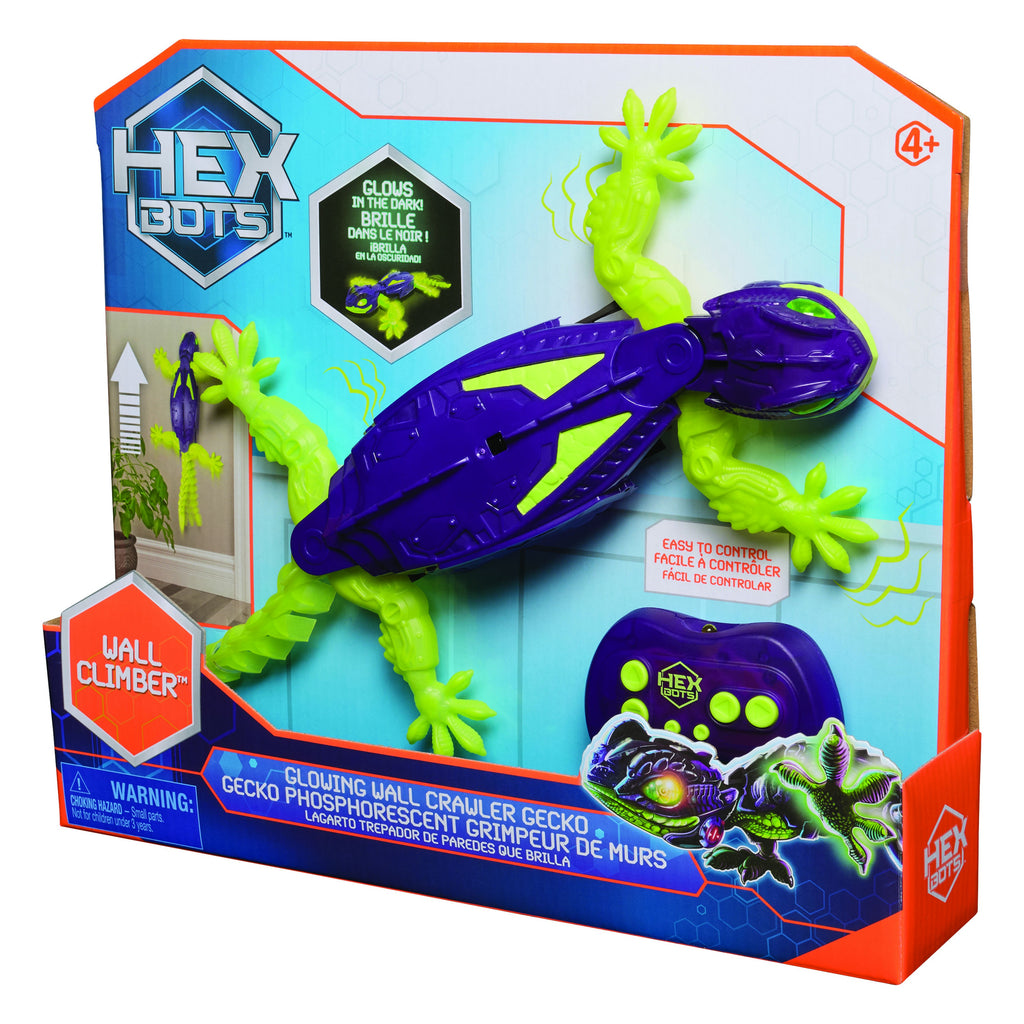 Hex Bots wall climber toy packaging with green and purple gecko-like creature on a blue and orange background.