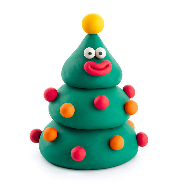Colorful clay Christmas tree with a smiling face on a white background