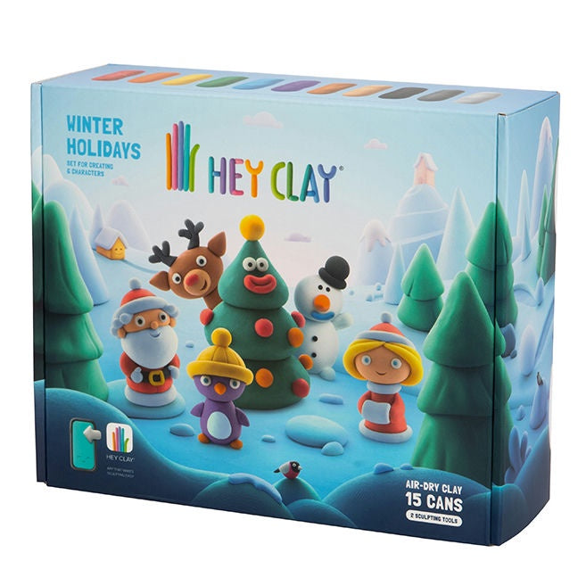 Hey Clay winter holidays clay set packaging with colorful characters on a blue background