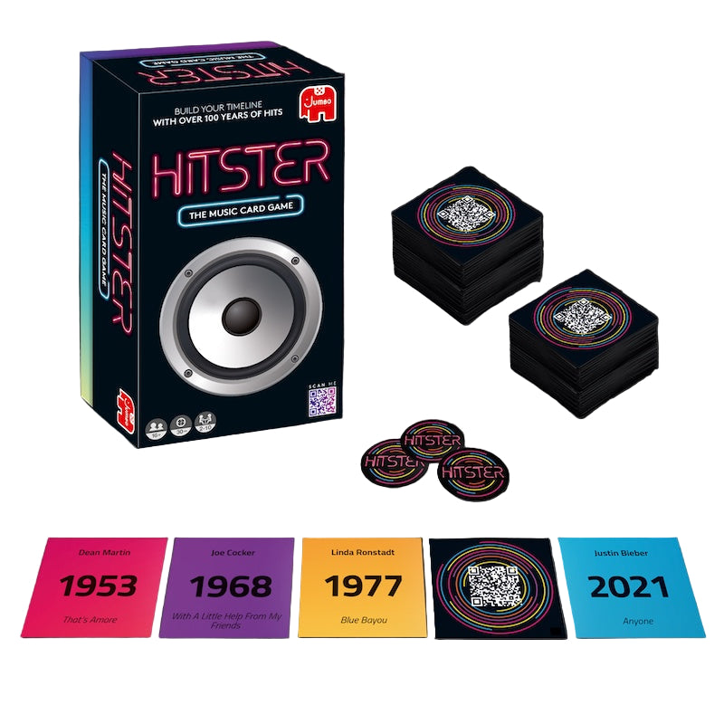 Hitster music card game packaging with cards and logos on a dark background