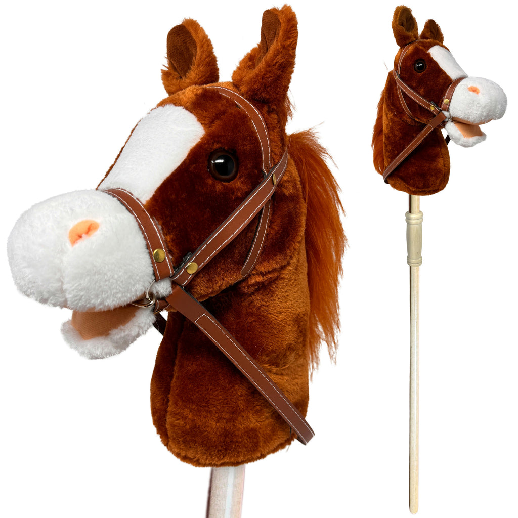 Plush toy horse with a stick on a white background