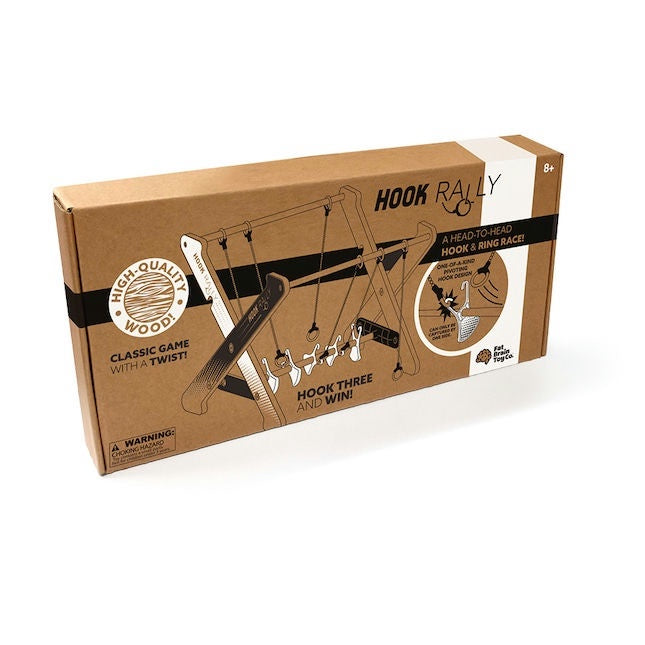 Cardboard box packaging for 'Hook Rally' game on a white background