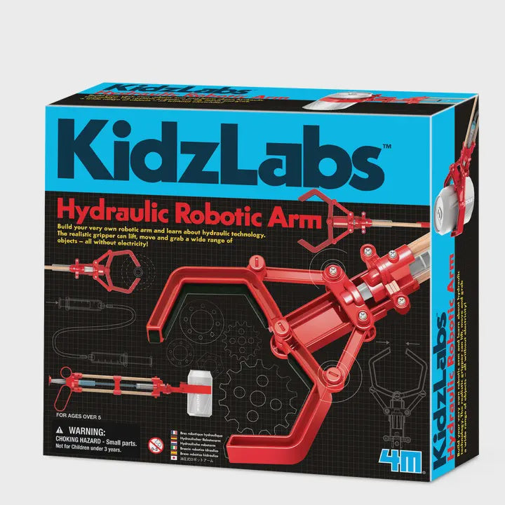 Box of Kidzlabs Hydraulic Robotic Arm toy set on a white background