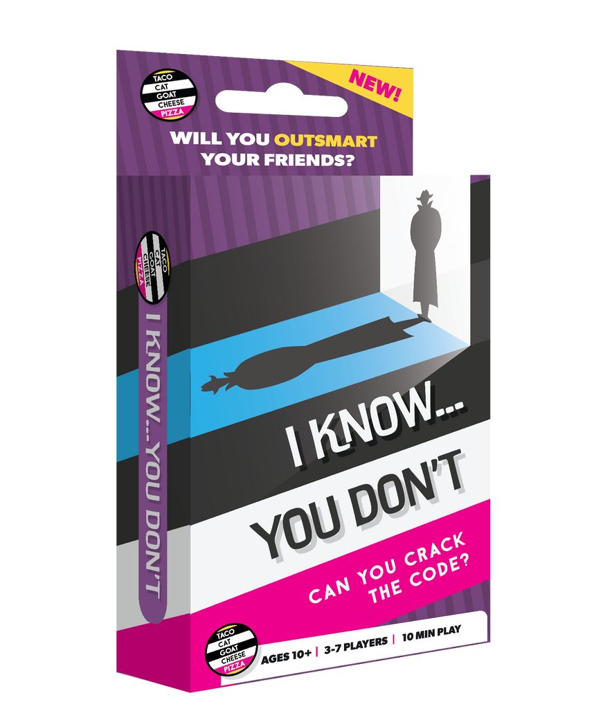 Board game packaging titled 'I Know... You Don't' with text and graphics on a white background.