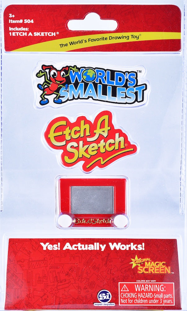 World's Smallest Etch A Sketch toy packaging with branding and product details.