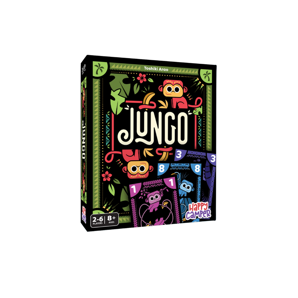 Jungo board game box with colorful monkey illustrations on a white background