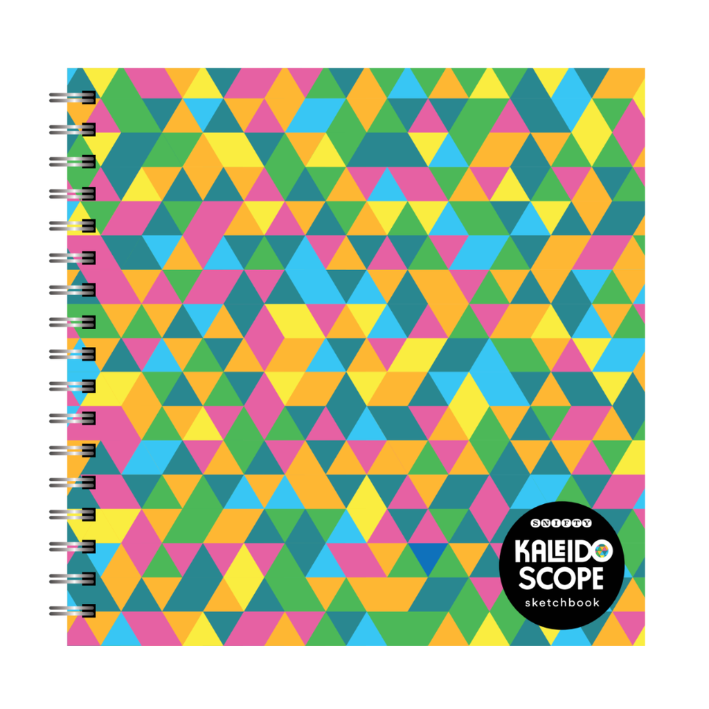 Colorful geometric patterned sketchbook with 'Kaleidoscope' branding on a white background