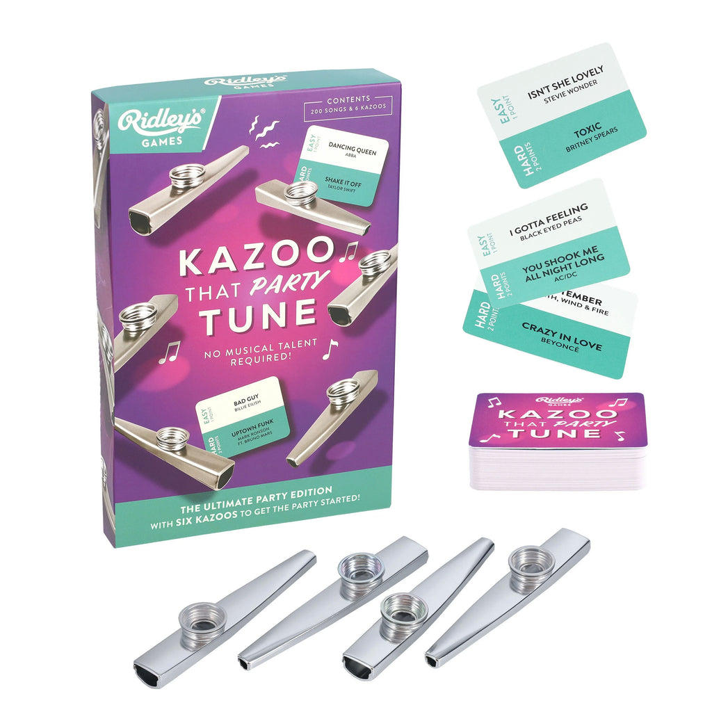 Kazoo set with packaging and additional cards on a white background
