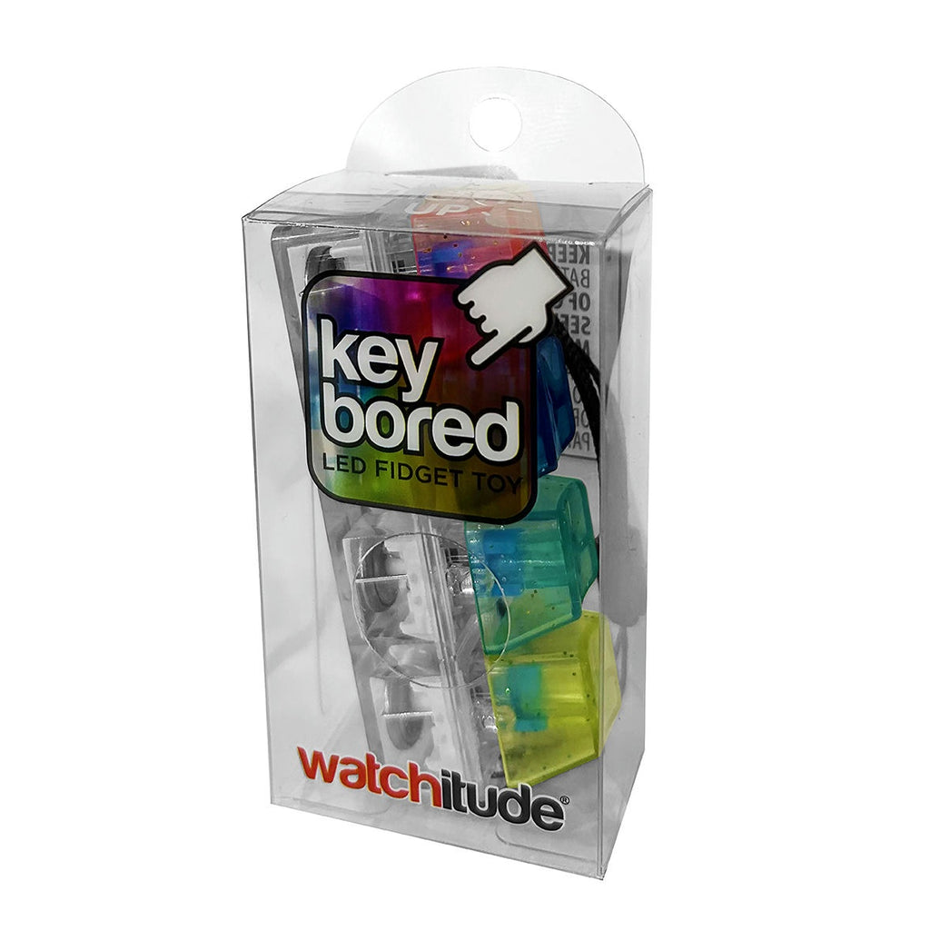 Packaged key bored LED fidget toy with 'watchitude' branding on a white background
