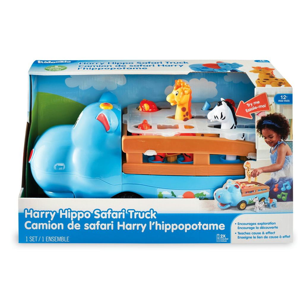 Toy truck packaging with a hippo figure and colorful design