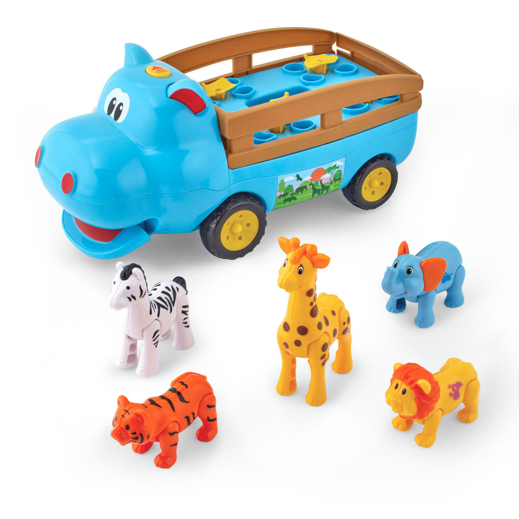 Toy hippo truck with animal figures on a white background