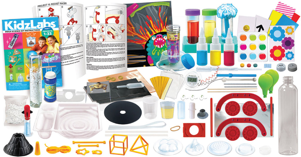 Assorted science experiment kits and supplies on a white background
