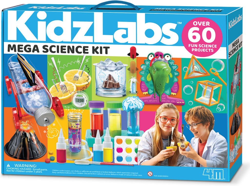 Box of KidzLabs Mega Science Kit with colorful design and images of science experiments.