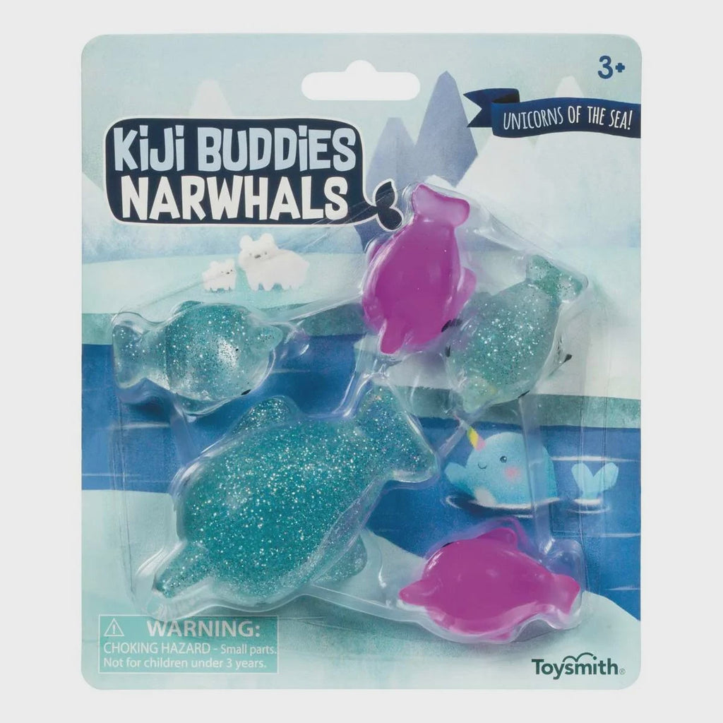 Packaged toy narwhals with a blue and white background, featuring the brand 'Kiiji Buddies' and 'Toysmith'.