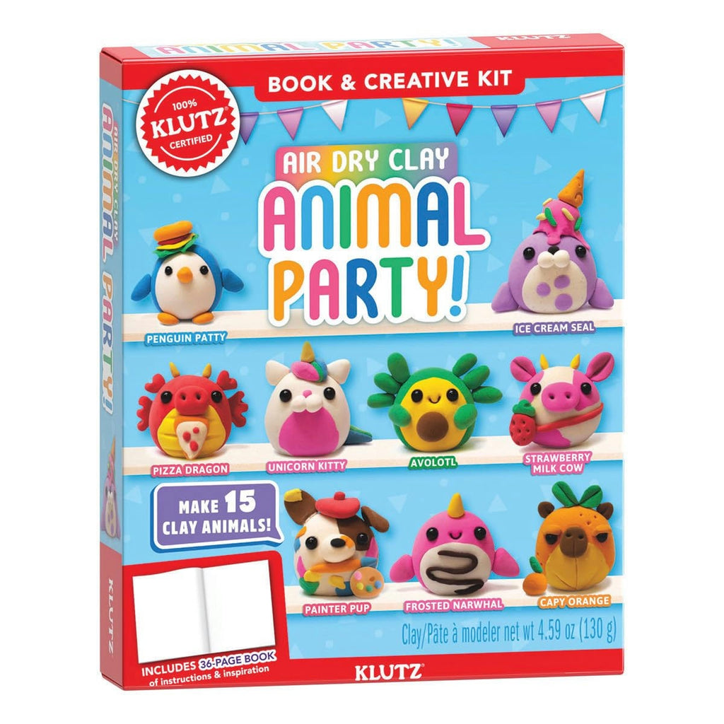 Box of Klutz Air Dry Clay Animal Party creative kit with colorful animal figures on a white background