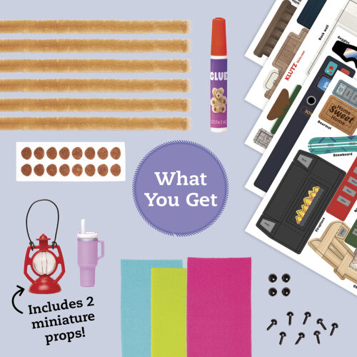 Collection of craft supplies including sticks, glue, stickers, and miniature props on a light blue background.