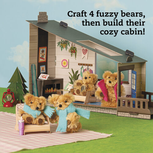 Toy cabin with fuzzy bears and text 'Craft 4 fuzzy bears, then build their cozy cabin!'