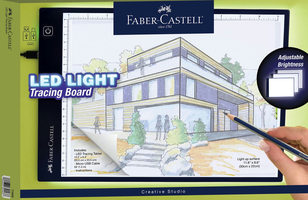 Faber-Castell LED light tracing board with a hand holding a pencil and a drawing of a building.