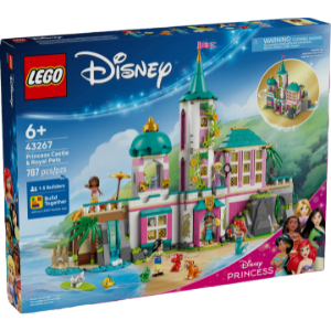 LEGO Disney Princess Castle set packaging with characters and castle illustration.