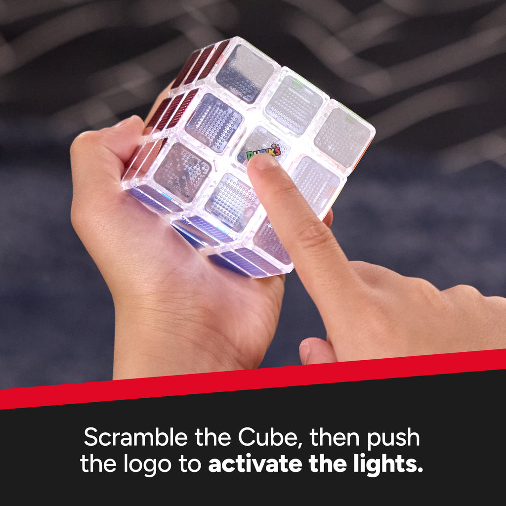 Hand holding a Rubik's Cube with text instructions on activation.