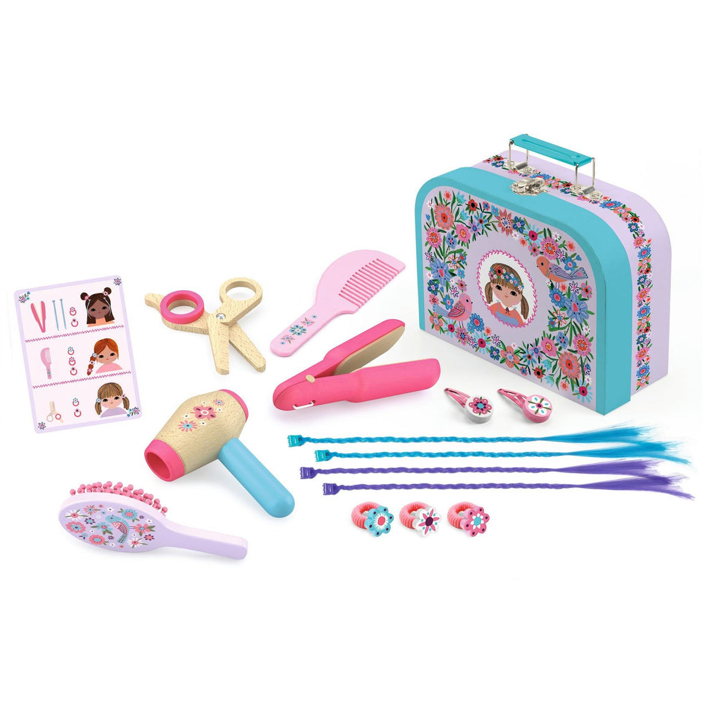 Children's play hair styling set with tools and accessories on a white background