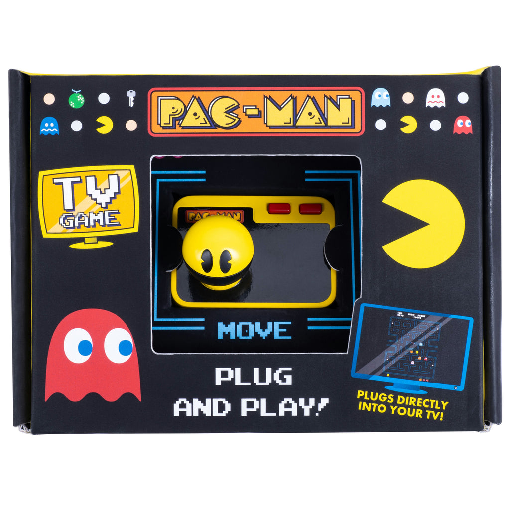 Pac-Man Plug and Play game console packaging with character graphics on a white background
