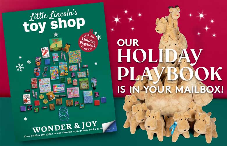 Promotional image with 'Little Lincoln's Toy Shop' holiday playbook and toy figures on a red background.
