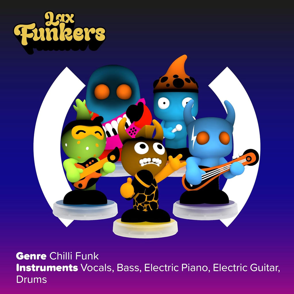 Album cover with cartoon characters playing instruments on a blue and purple gradient background
