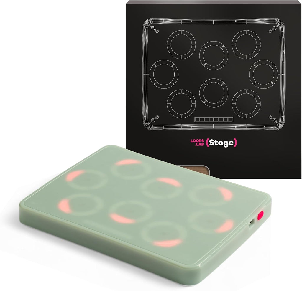 Green electronic device with circular patterns on a white background