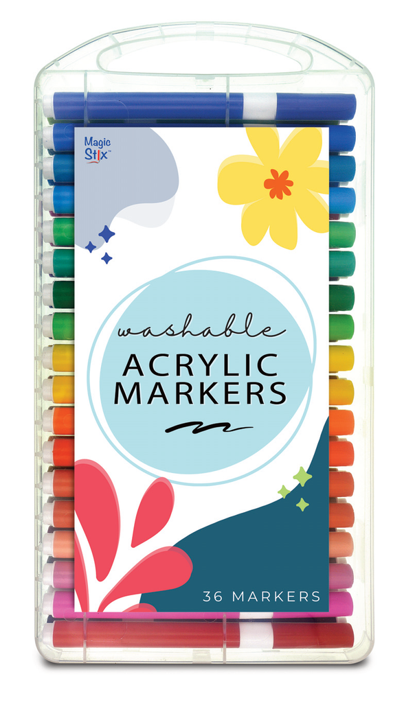 Set of washable acrylic markers in a clear plastic case with colorful design elements.