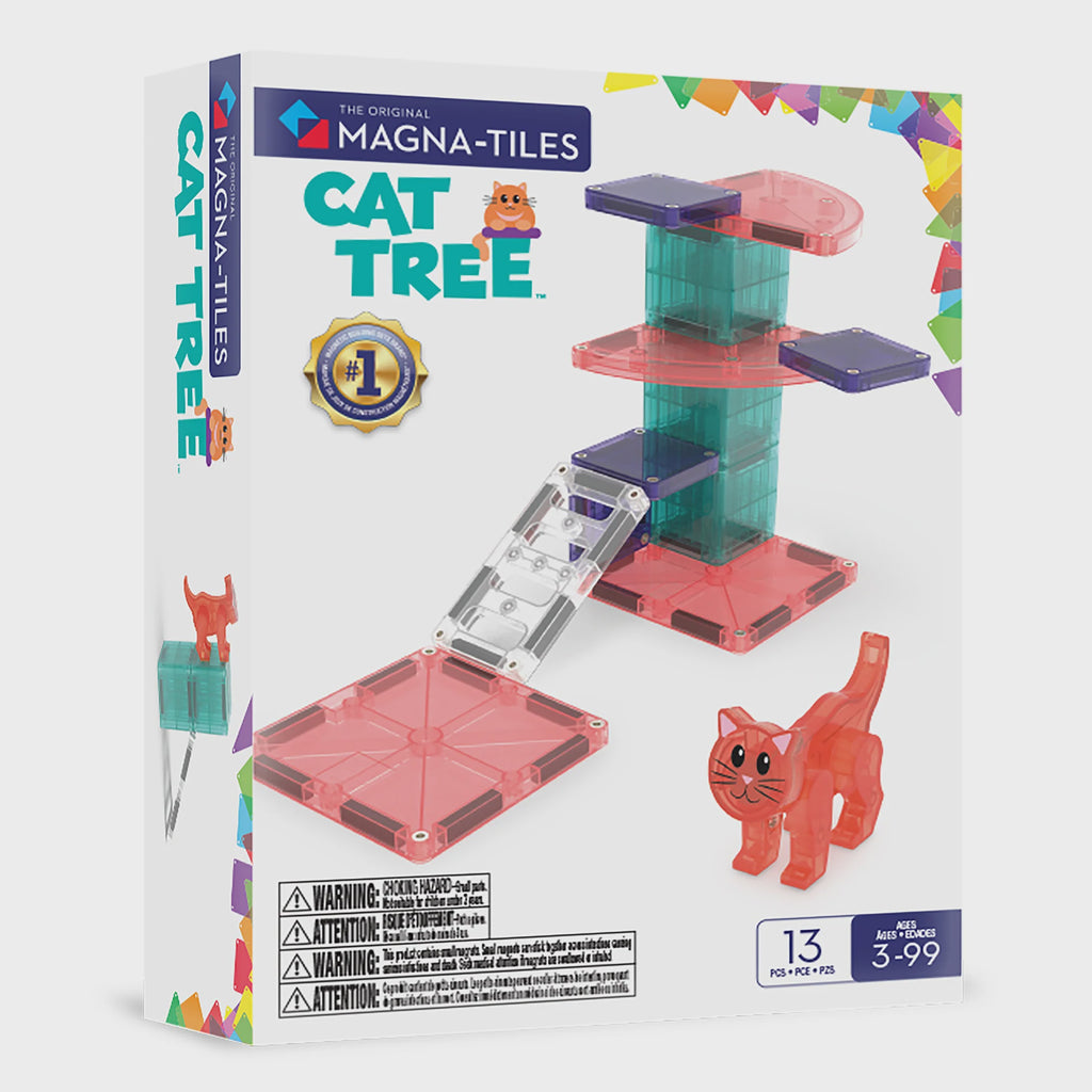 Magna-Tiles Cat Tree toy set packaging with colorful design and toy illustration.