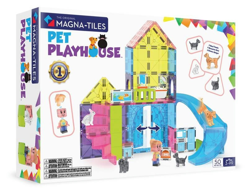 Magna-Tiles Pet Playhouse toy set packaging with colorful design and toy figures.