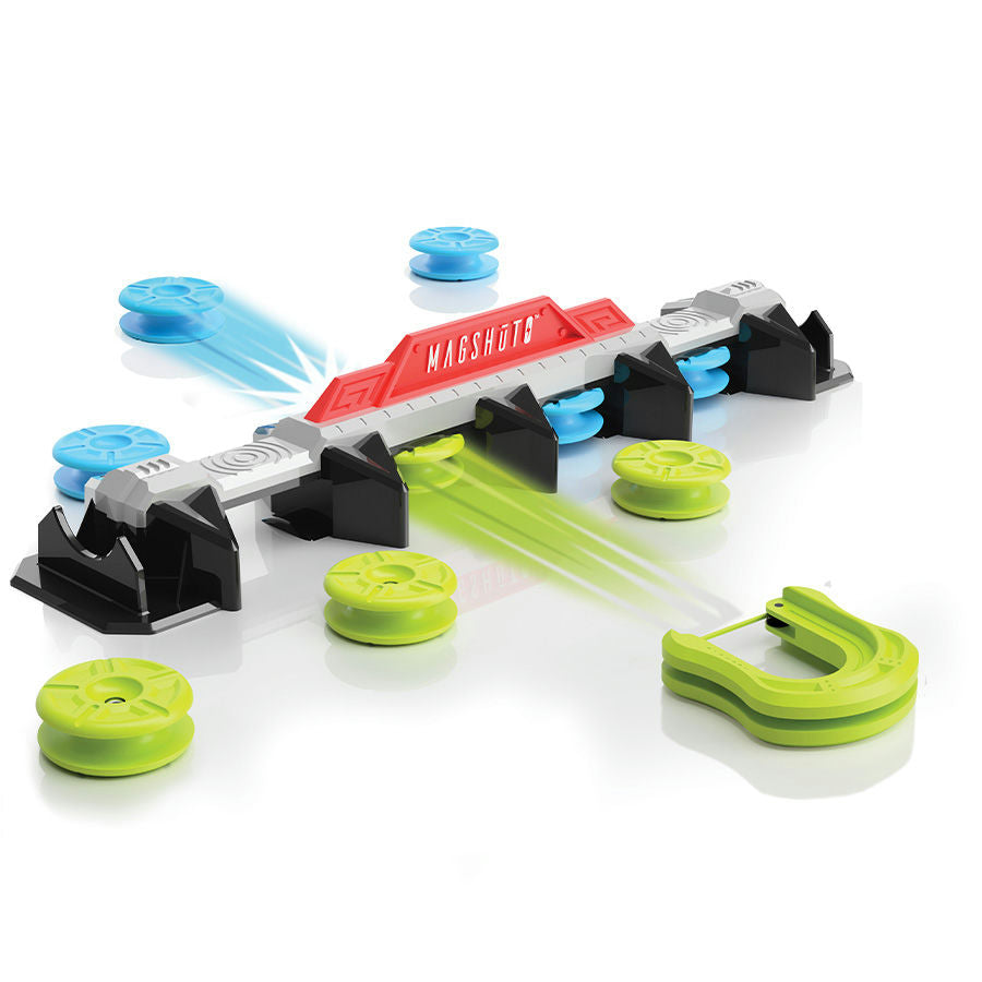 Magshuto rail set with various pucks on a white background