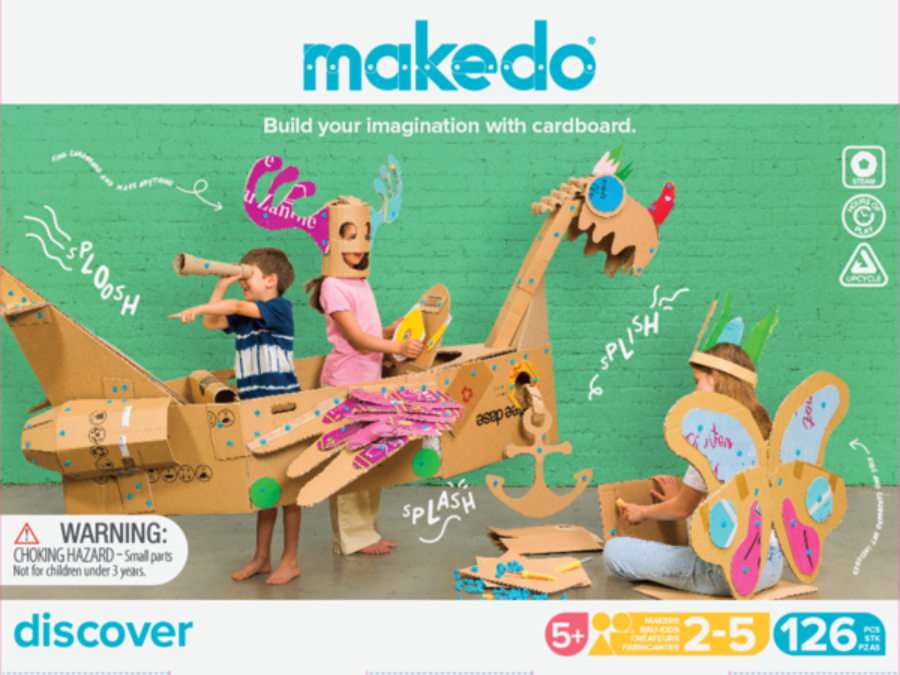 Makedo cardboard toy set packaging with children playing and a green background.