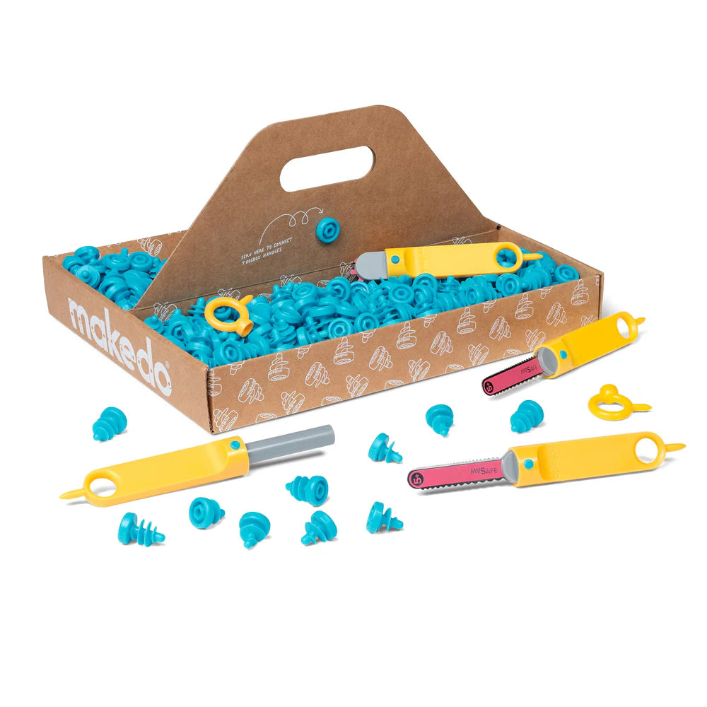 Makedo construction set with tools and blue interlocking pieces on a white background