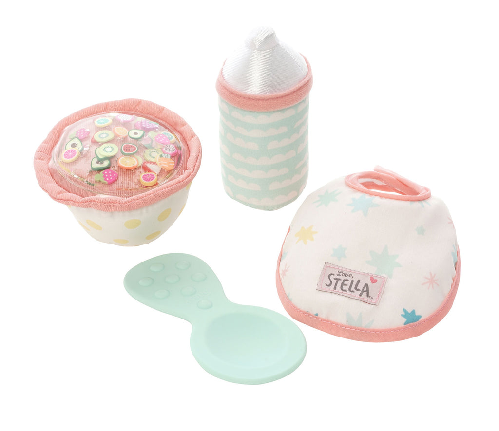 Set of baby simulation toys including a bottle, bowl, and bib on a white background