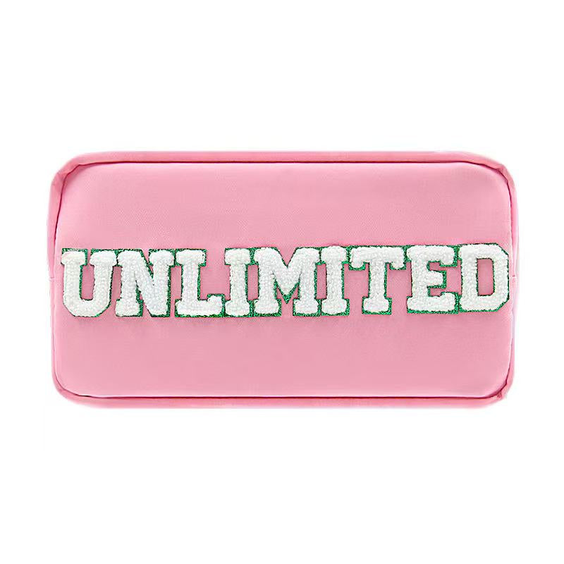 Pink pouch with 'UNLIMITED' text on a white background