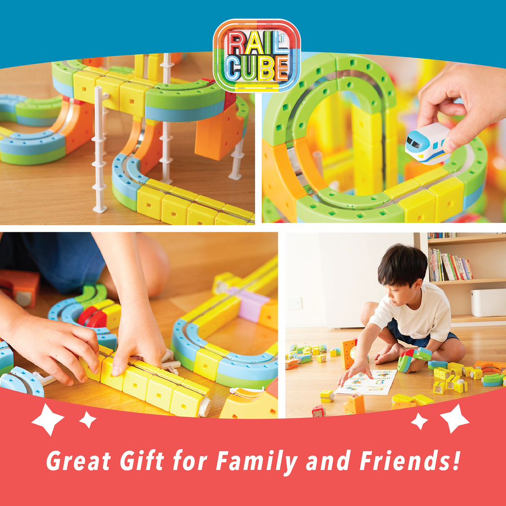 Colorful toy train track set with children playing and 'Rail Cube' branding.