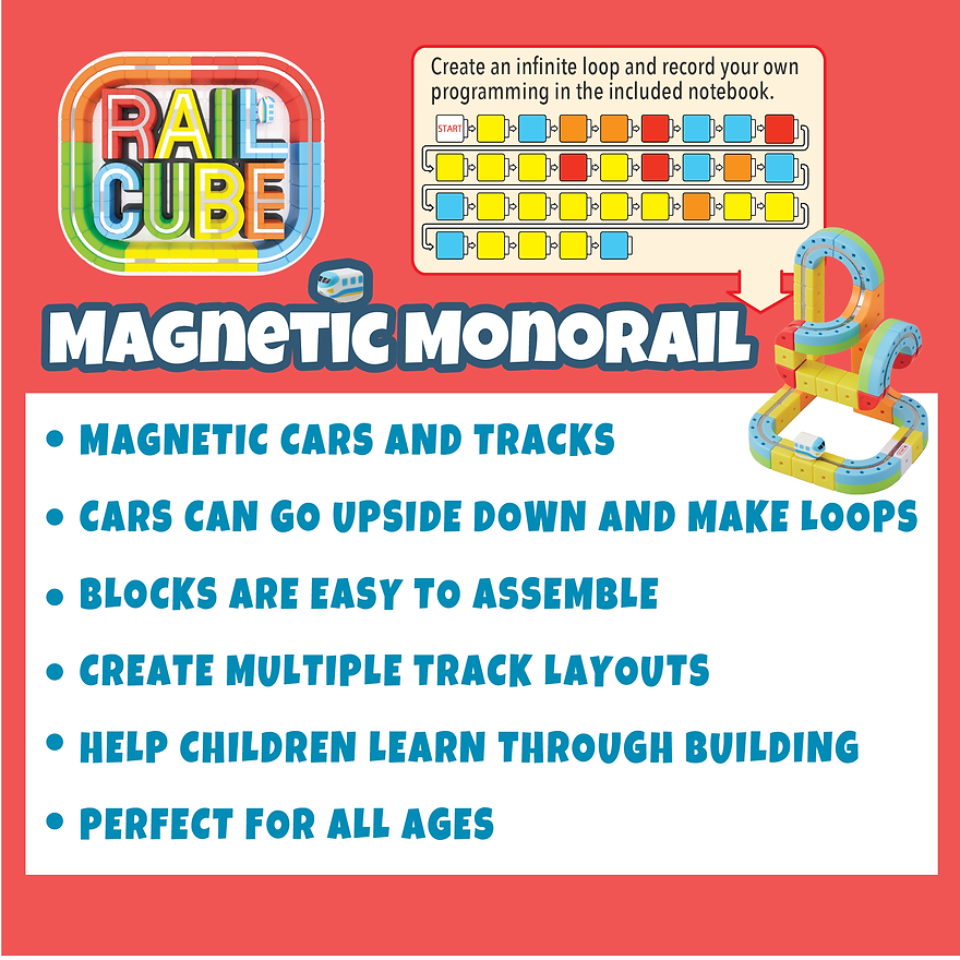 Advertisement for Rail Cube Magnetic Monorail with colorful text and images on a red background.