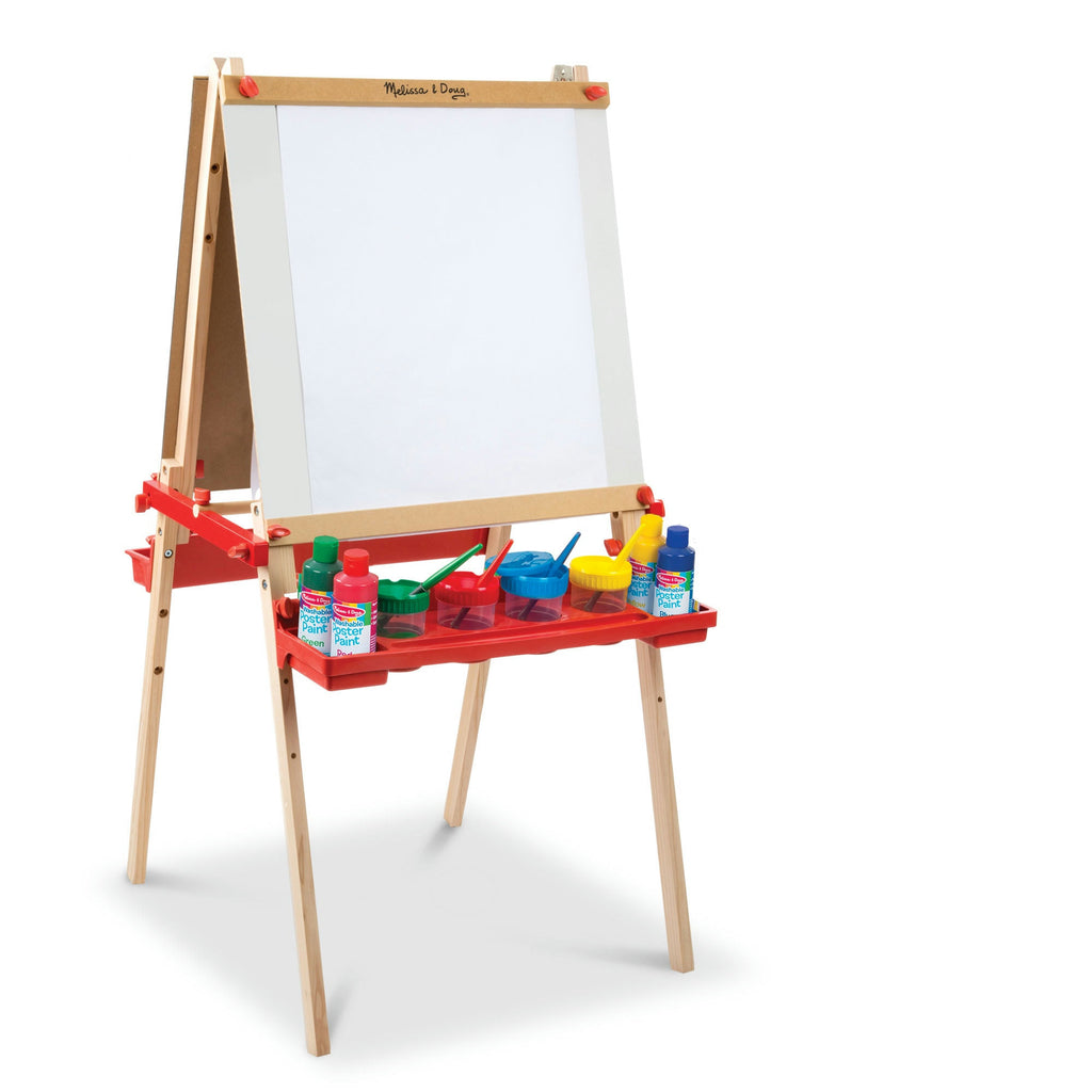 Wooden art easel with white board, red tray, and paint bottles on a white background