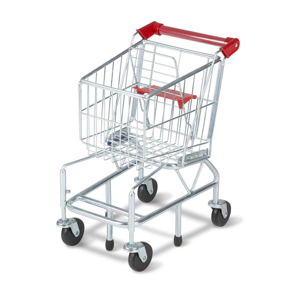 Metal toy shopping cart with a red handle on a white background